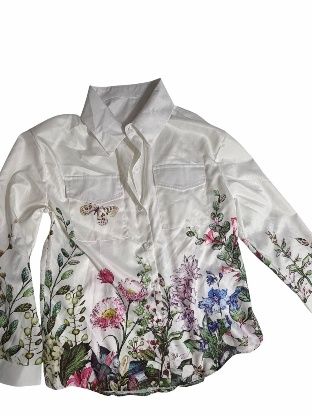 White Floral Button-Up Shirt with Garden Print